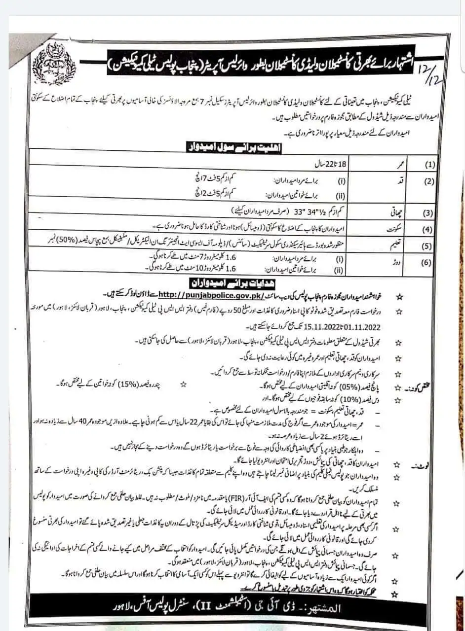 Punjab Police Jobs 2022 Application Form - www.punjabpolice.gov.pk 2022