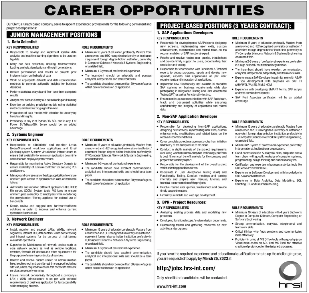 HRSI Jobs 2023 - Human Resource Solution International Karachi