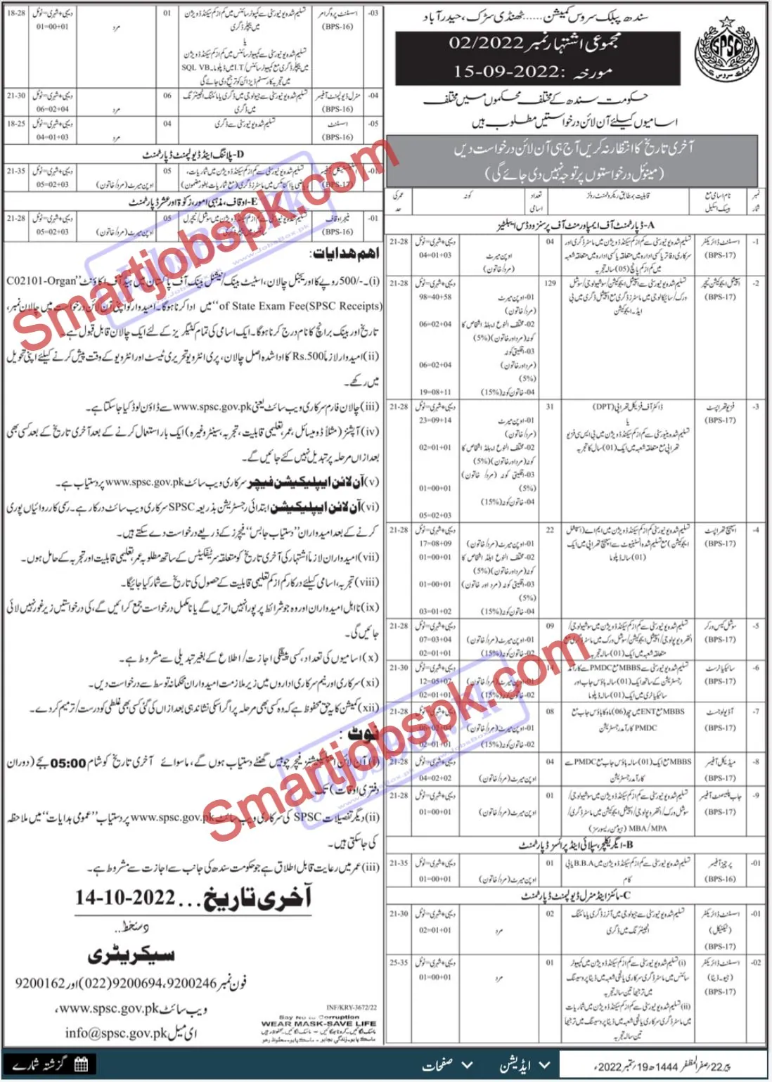 Sindh Public Service Commission SPSC Jobs 2022 Apply Online - www.spsc.gov.pk