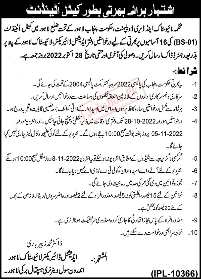 Punjab Livestock & Dairy Development Department Jobs 2022 - www.livestock.gov.pk punjab jobs 2022