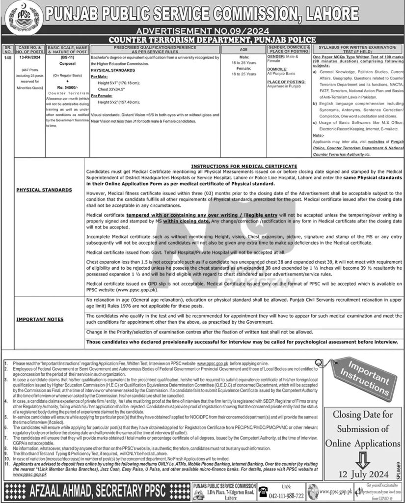 CTD Jobs 2024 - Counter Terrorism Department Advertisement