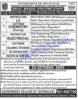 TEVTA Jobs in Punjab 2024 Latest Advertisement Application Form