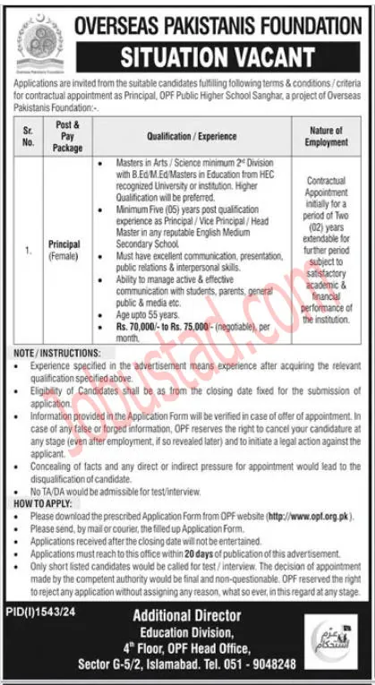 OPF Jobs 2024 Advertisement Application Form