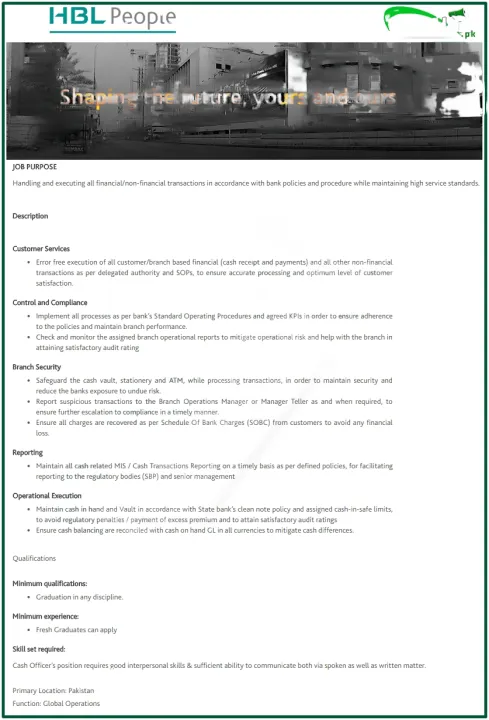 HBL Jobs 2025 Apply Online at www.hbl.com.pk